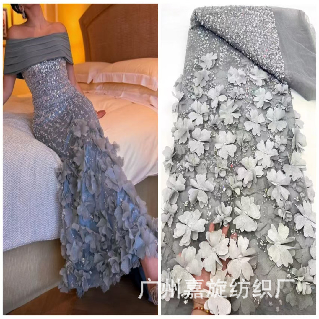3D three-dimensional petal mesh bead tube sequins embroidered cloth fairy dress handmade DIY dress costume fabric