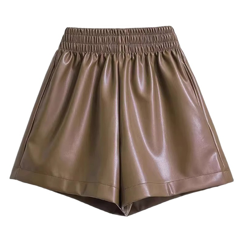 Autumn and Winter 2023 PU Leather Shorts High Waist Slimming Wide Leg Pants Korean Casual Loose Wide Leg Pants Outer Wear Boots Pants