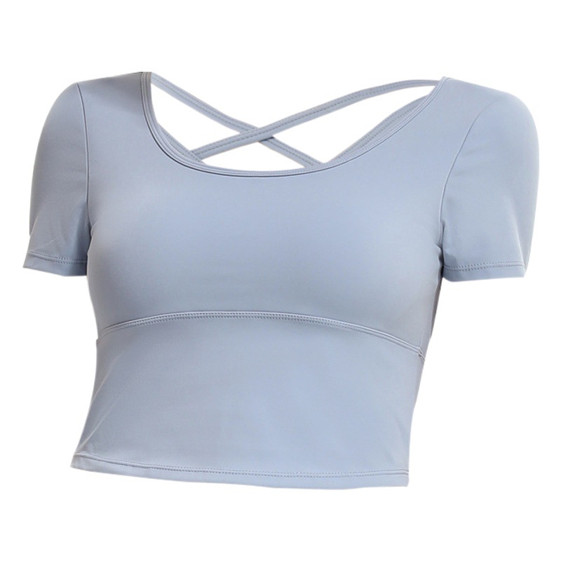 European and American Short Sports Short-sleeved T-shirt Women's Running Belt Chest Pad Cross Beautiful Back Yoga Vest Tight Fitness Top