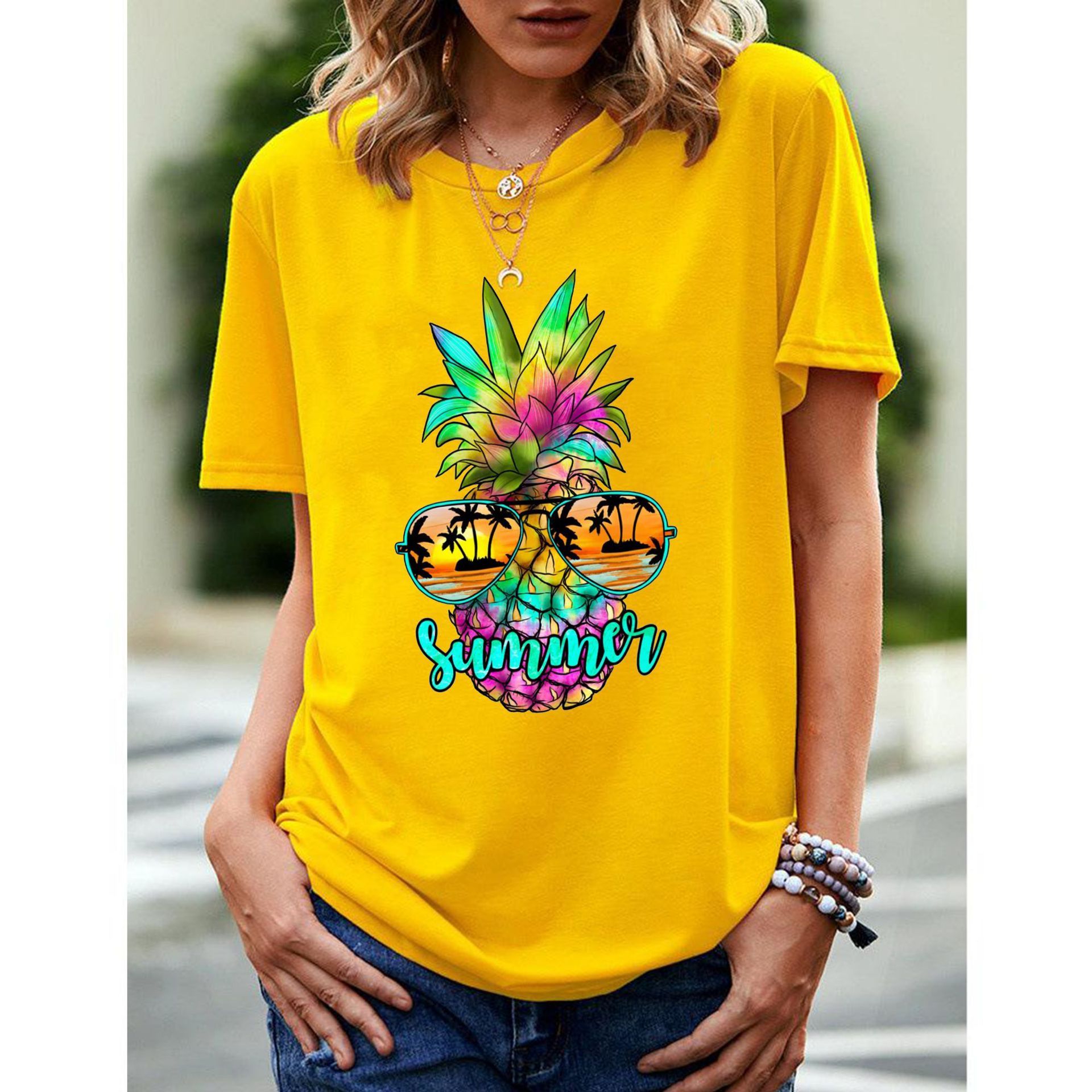 2022 summer new women's holiday sunset color pineapple loose pullover trendy cotton short sleeve women's T-shirt