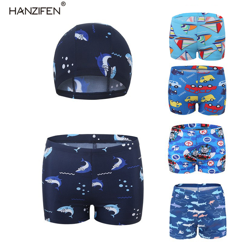 Quick-drying children's swimming trunks boys 2025 new cross-border large children's shark swimming cap two-piece suit cartoon swimming trunks