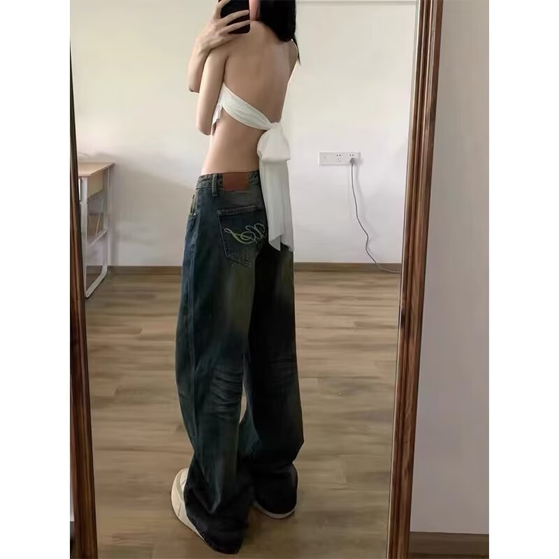 American Retro Spicy Girl Jeans for Women, Spring and Summer New High Street Low-Rise Distressed Loose Wide-Leg Floor-Length Pants Trendy