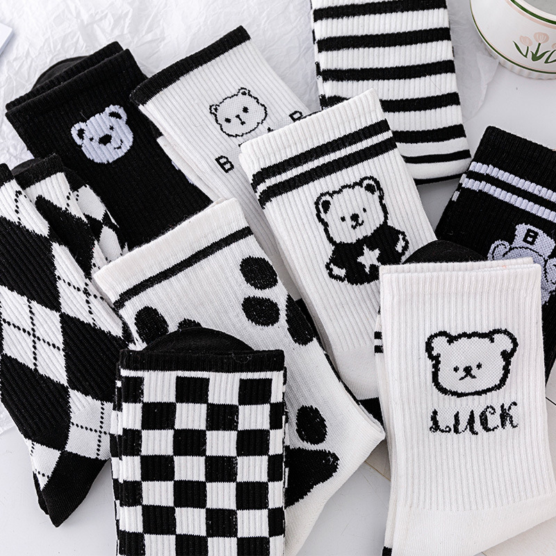 Explosions ins striped mid-length socks black and white stockings spring and summer bear cotton sockscheckerboard socks
