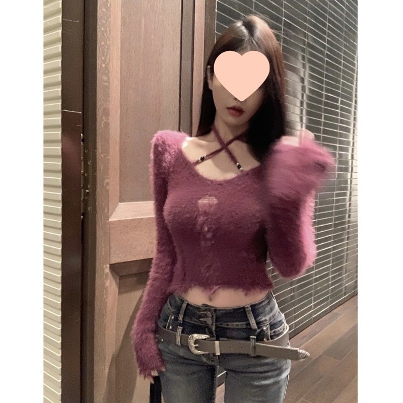 Picture of Korean Style Pure Lust Style Imitation Mink Fur One-Shoulder Halterneck High-End Slim Sexy Off-Shoulder Knitted Top