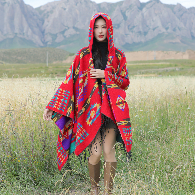 Picture of Spring Casual All-match Distinctive Ethnic Style Tassel Scarf Holiday Play Fashion Comfortable Warm Hooded Cape