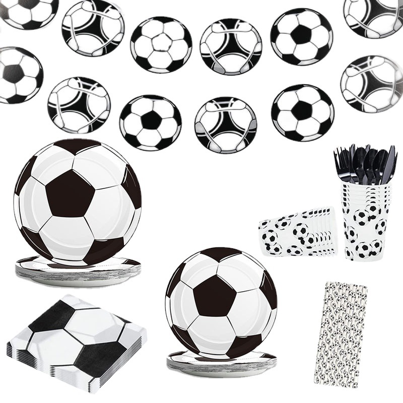 Picture of World Cup Football Party Tableware Set Black and White Football Party Supplies Flag-pulling Tablecloth Paper Plate Tableware Set