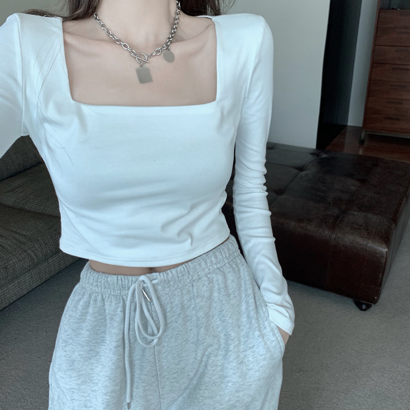 Picture of Square Collar Pure Color T-Shirt for Women 2025 Spring & Fall Long-Sleeved Pure Color Short T-Shirt for Women Slim Fit with Square Collar Top Export