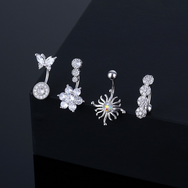 Explosions straight puncture jewelry European and American fashion new flower shape belly button ring belly button nail full inlaid stone belly button