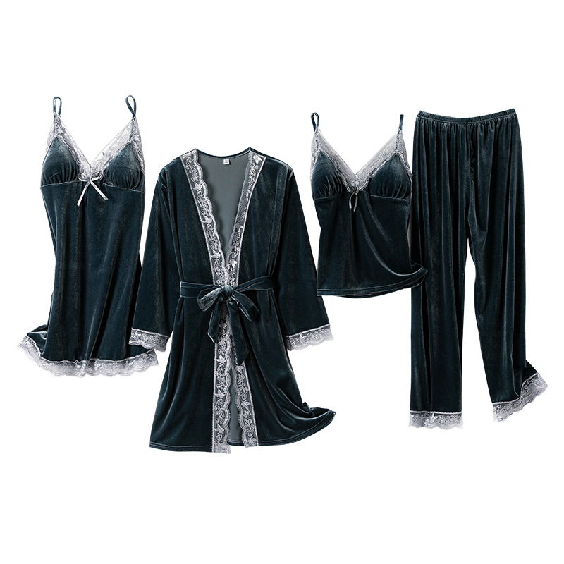 Picture of Gold Velvet pajamas women's autumn and winter four-piece sexy strap nightdress nightgown with chest pad home wear suit can be worn outside