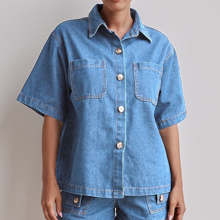 Picture of Amazon Foreign Trade Cross-border 2025 Summer European and American Women's Casual Retro Loose Shirt Denim Shorts suit