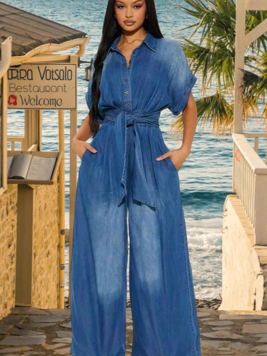 Picture of Cross-Border Foreign Trade Summer 2025 New Women's Denim Jumpsuit Women's Lapel Waist Floor-Length Wide-Leg Jumpsuit
