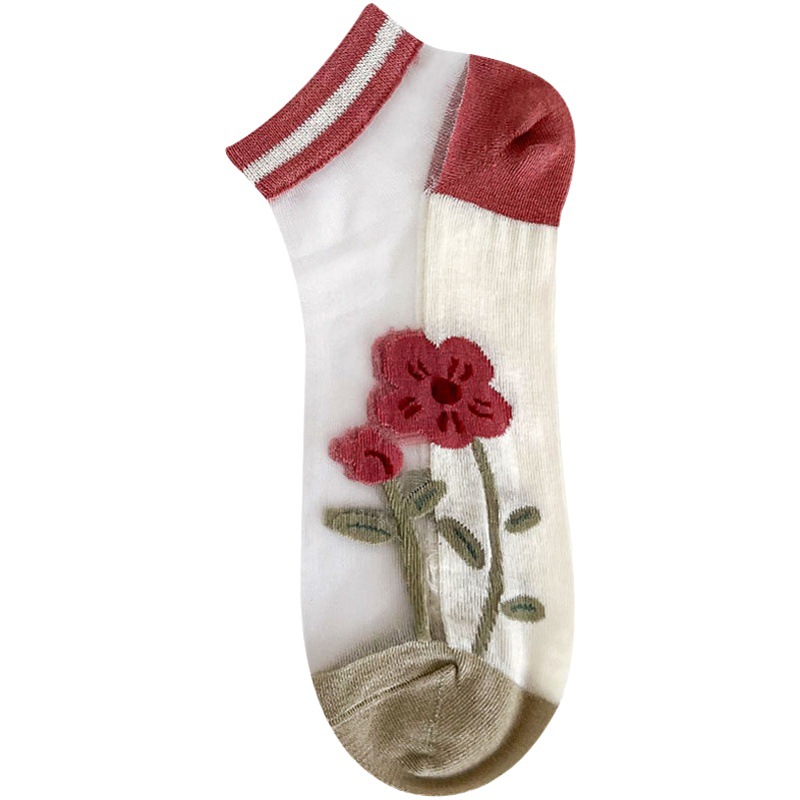 Crystal Socks Women's Silk Glass Summer Tulip Thin Pink Short Socks Cute Lace Transparent Silk Boat Socks