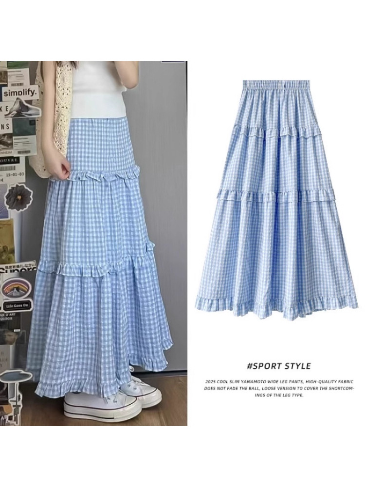 Blue sweet and gentle plaid cake skirt women's 2025 summer new A-line plaid skirt high-waisted slimming skirt