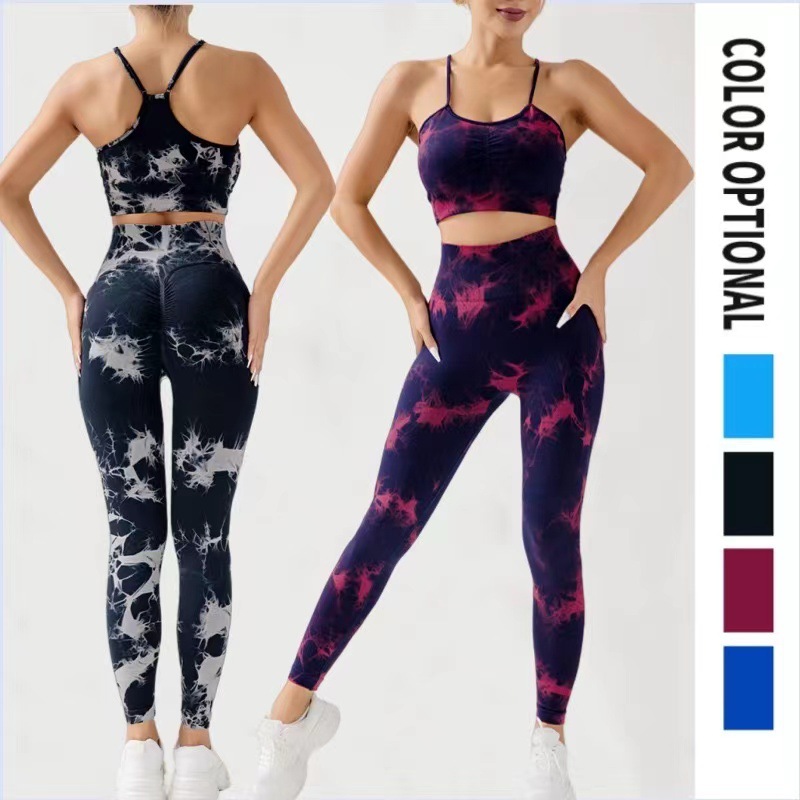 European and American Seamless Knitted Tie-Dye Yoga Pants suit Hip Lifting High Waist Sports Running Belt Chest Pad Bra suit Women