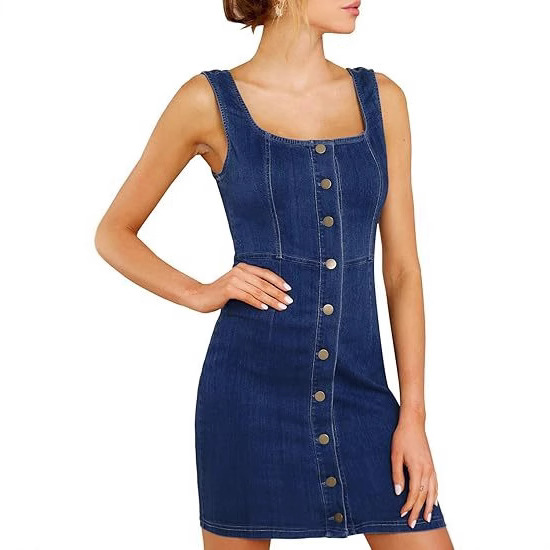 Amazon Cross-Border 2025 New Women's Casual Square Neck Sleeveless Jeans Buttoned Denim Short Dress