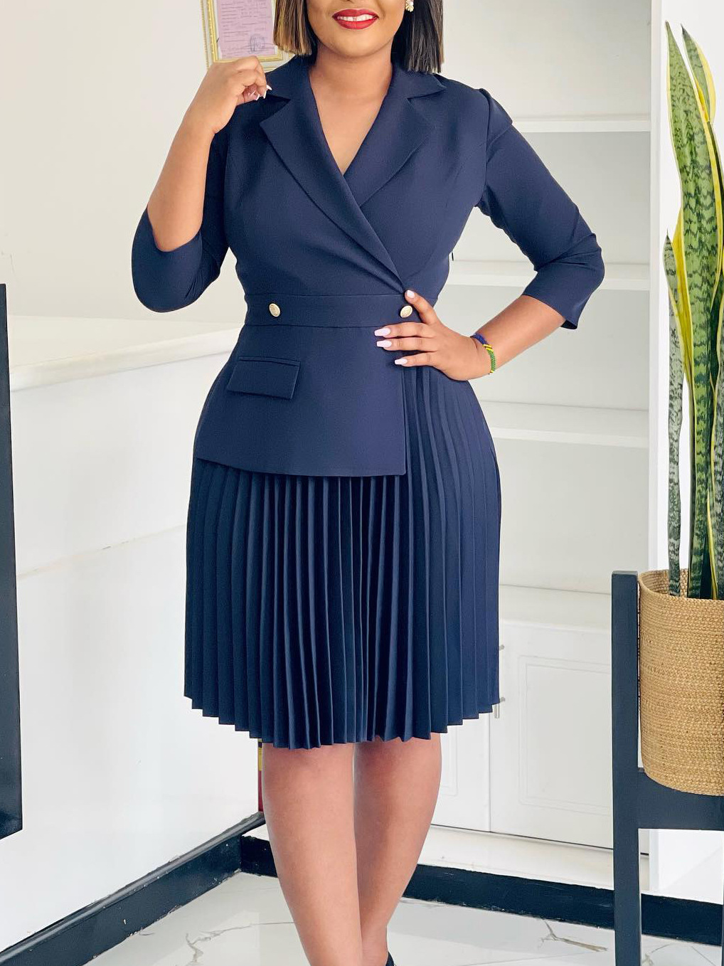 D543 foreign trade women's clothing Amazon 2024 autumn new fashion temperament suit collar solid color pleated African dress
