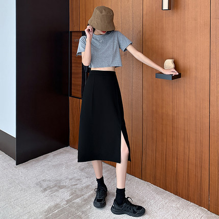 Thin Black One-Step Suit Split Hip A- Line Skirt Mid-Length Skirt Women's Early Autumn New Chiffon High Waist Show