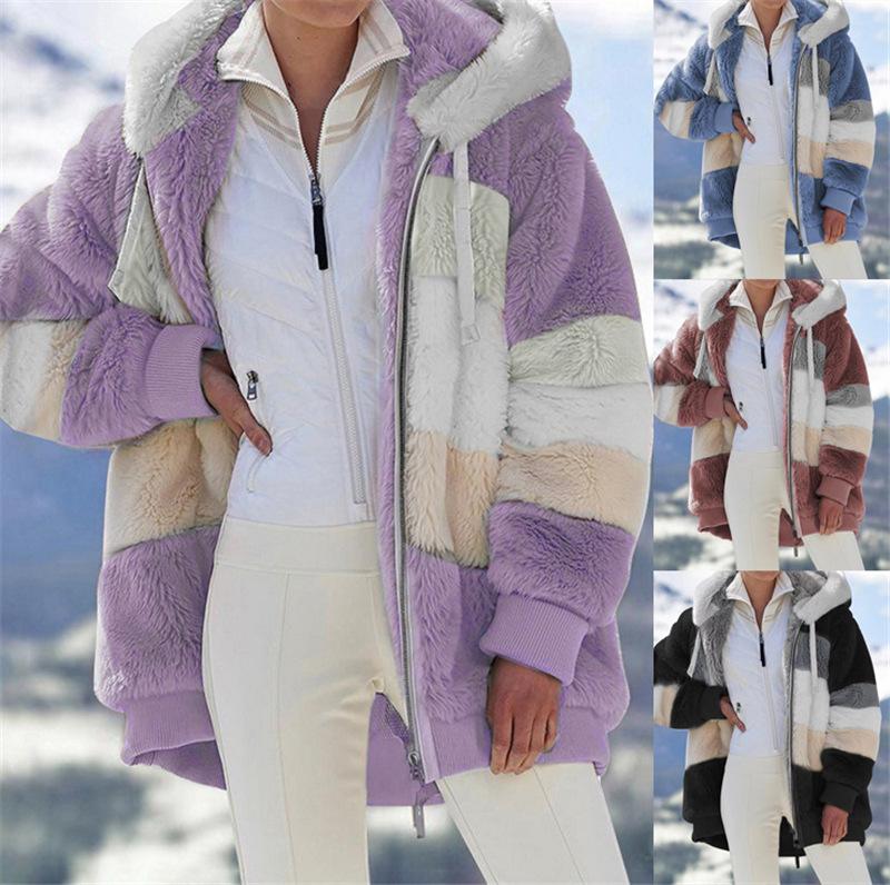 In-Stock Wish Independent Site 2021 Amazon Best-Selling Autumn and Winter Loose Plush Multi-Color Hooded Jacket for Women, Loose Fit