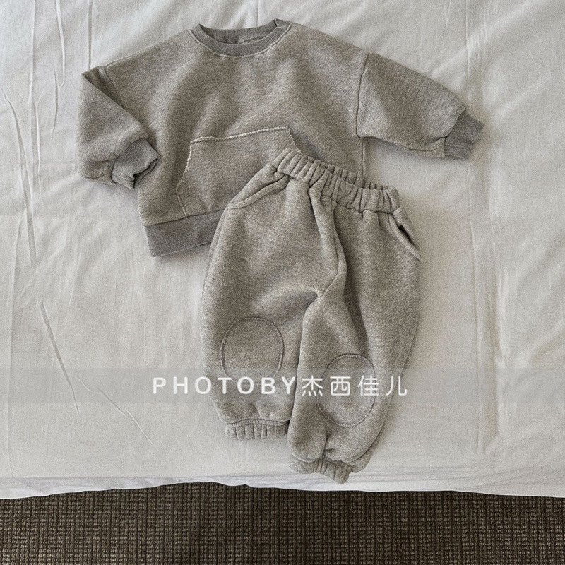 Boys and Girls Ins Korean Style Winter Children's Clothing Set Western Style Patch Loose Casual Fleece Sweatshirt Children's Clothing Two-Piece Set