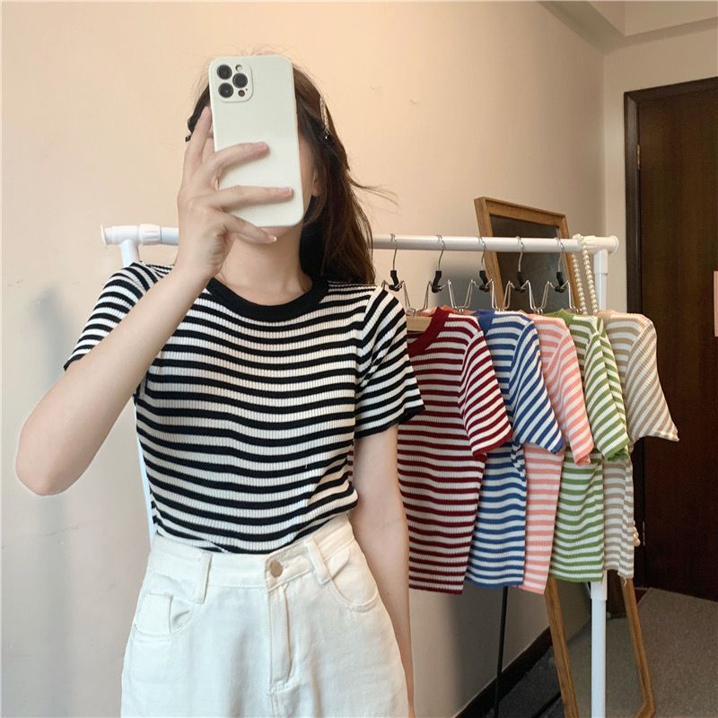 Slimming Thin Striped Ice Silk T-shirt Women's Summer Slim-fit Short Knitted Top High Waist 2025 New Style Short Sleeve