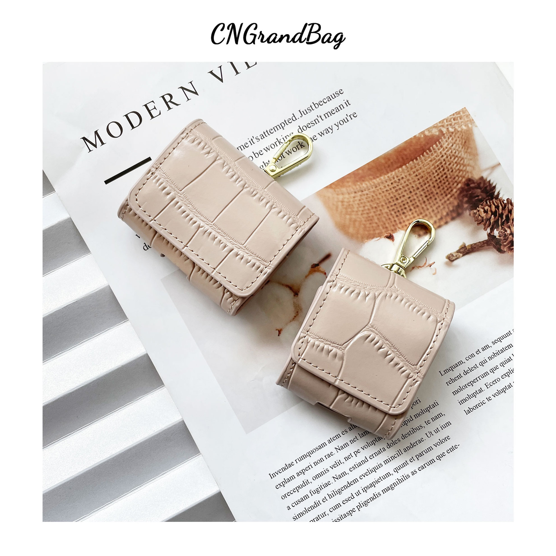 Cross-border Genuine Leather Crocodile Pattern Wireless Bluetooth Earphone Case Protective Cover with Hook for airpods 1/2/pro