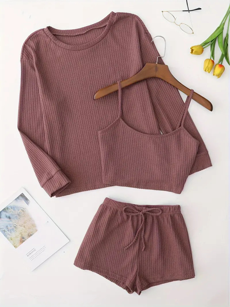 European and American cross-border Women's waffle knitted casual pajamas suit long sleeve round neck top camisole and shorts