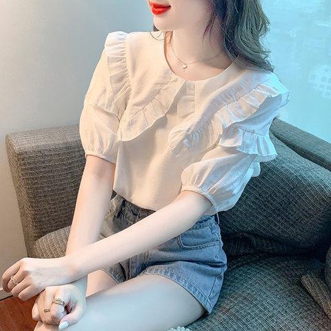 2024 New Summer Doll Collar Chiffon Shirt Women's Fashion All-match Top Small Shirt Short Sleeve T-Shirt Shirt