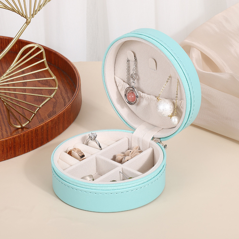 Picture of PU leather round jewelry box portable earrings earrings necklace ring compartment storage box travel jewelry box