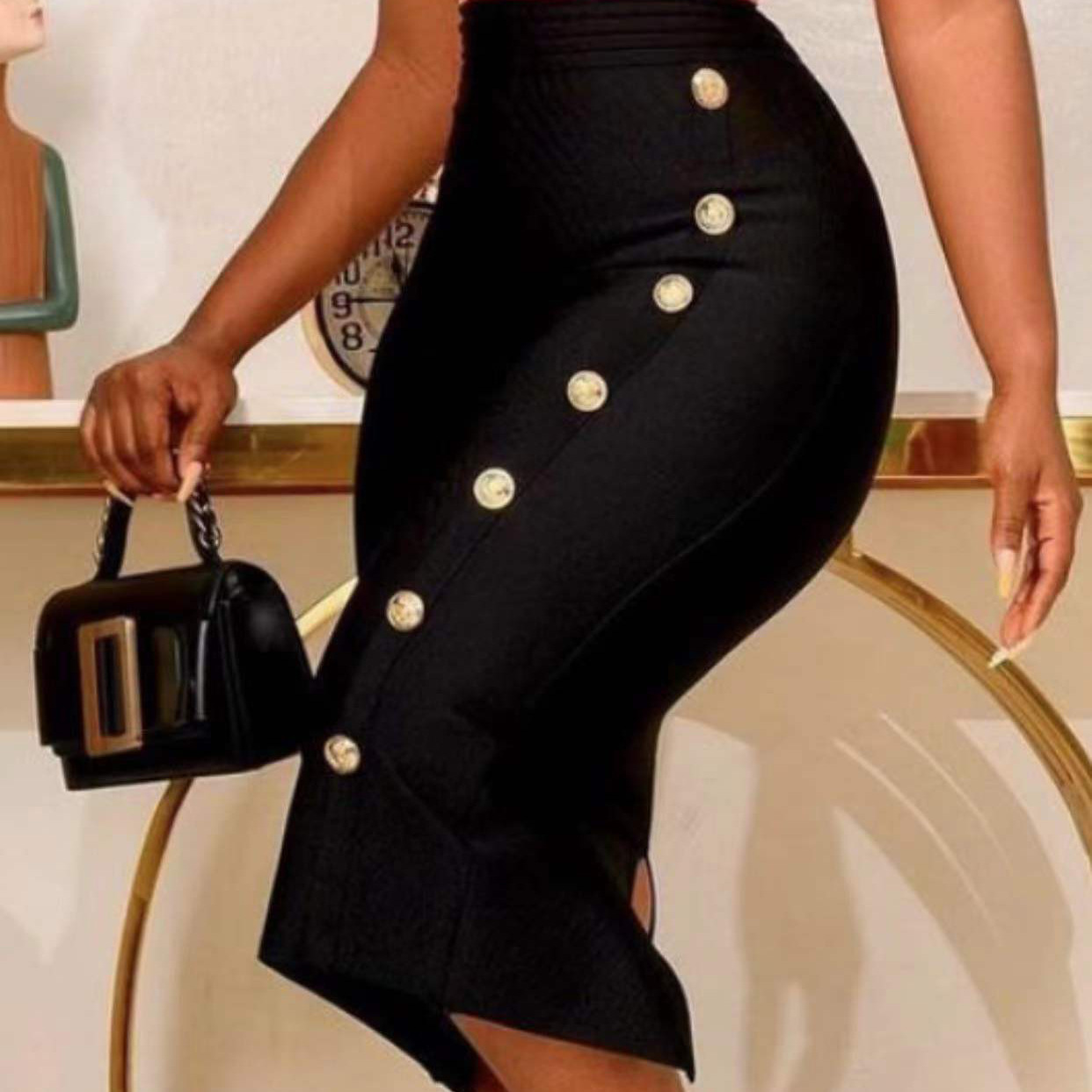 All-match high waist back slit tight hip skirt one-step skirt elastic bandage skirt nail buckle jewelry skirt