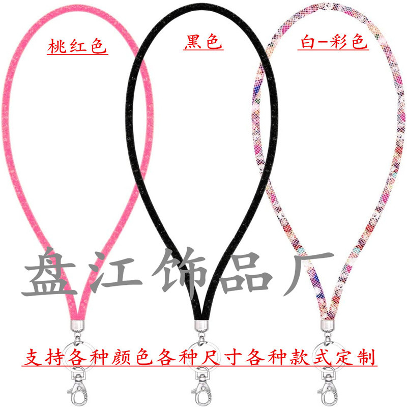 Diamond-encrusted mobile phone neck rope key badge work card lanyard Crystal ID buckle mesh necklace with easy pull-up buckle