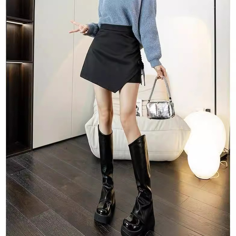 Irregular drawstring black skirt women's summer hot girl high waist A- line suit skirt temperament slimming sheath skirt