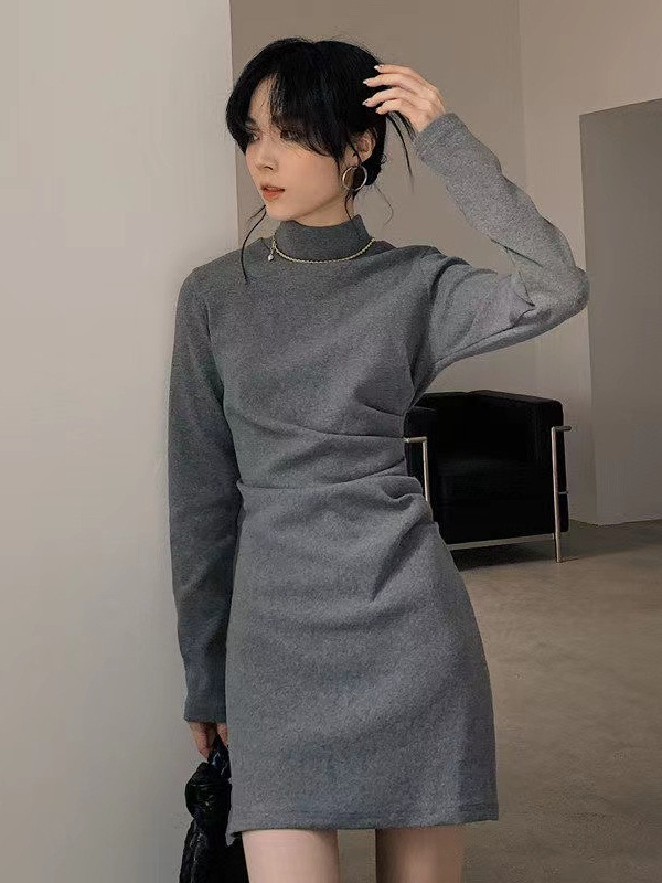Fashionable All-match Design Sense Half-high Collar dress Women's Autumn and Winter New Base Single-wear Tight Waist Hip Skirt Slim-fit