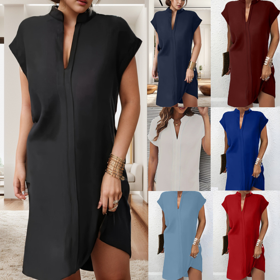 Picture of 2024 spring and summer European and American women's light ripe solid color short sleeve dress