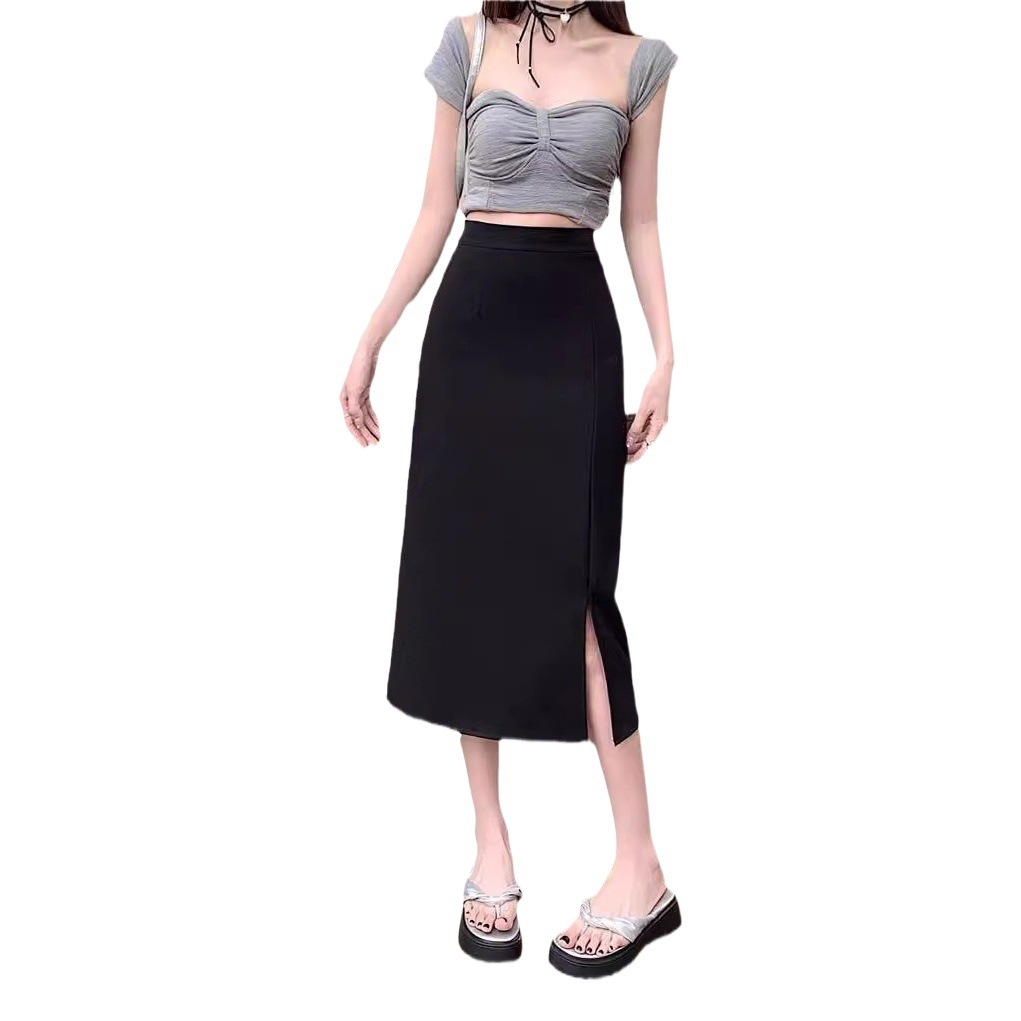 Spring/Summer 2024 New Women's Black All-match Skirt Mid-length Split Step Skirt Slim A- line Skirt