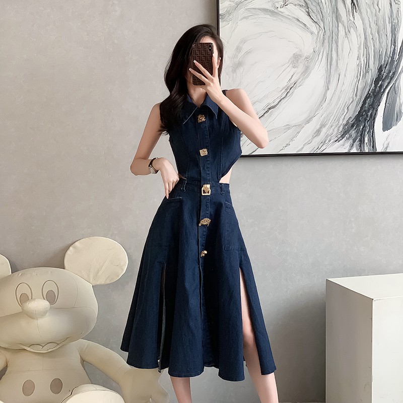 Hong Kong-style sleeveless denim dress cross-border women's summer new hollow backless high waist fishtail dress
