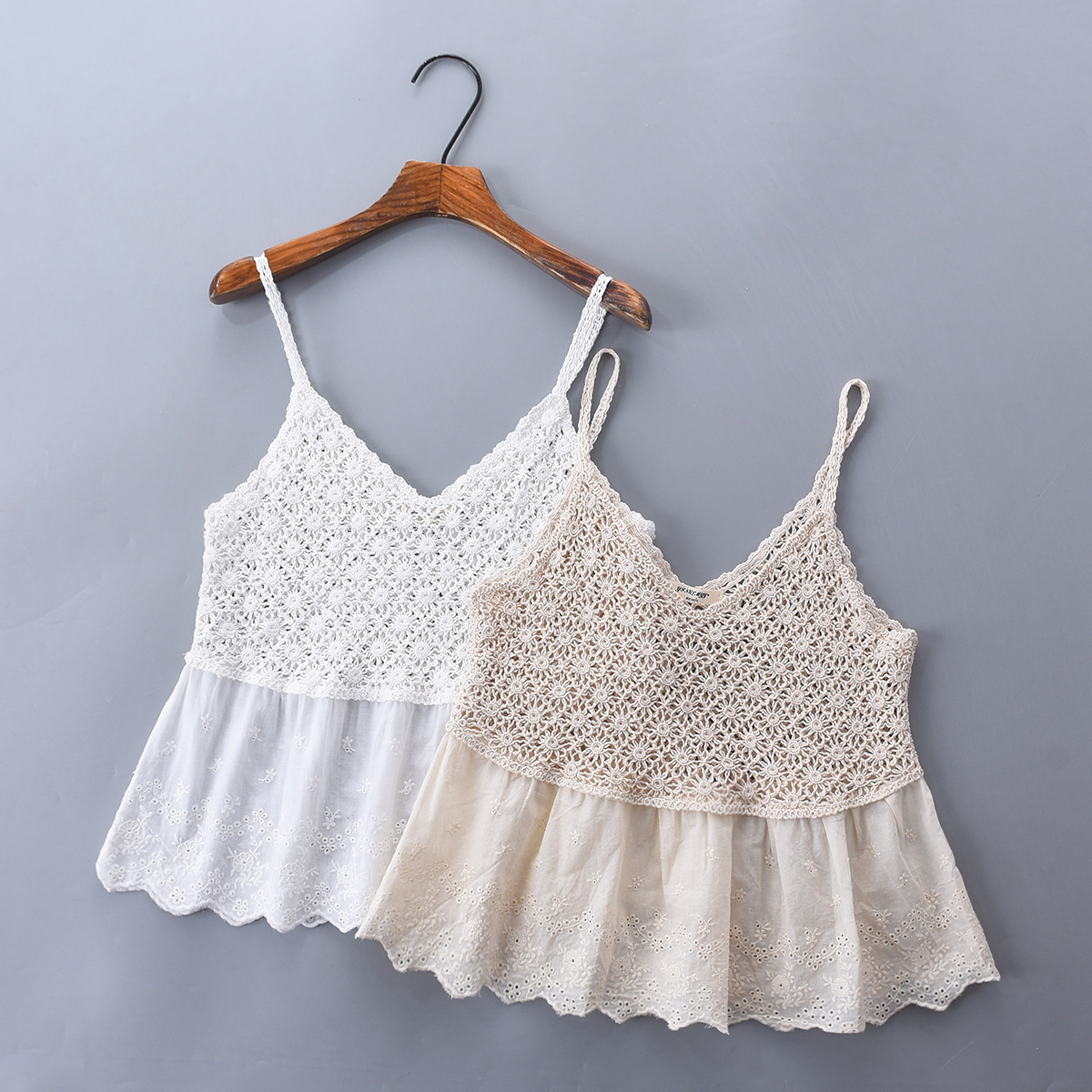 Summer New Knitted Stitching Stacked Small Strap Lace Hollow Women's Top Short High Waist Slimming Outer Wear Halter Top