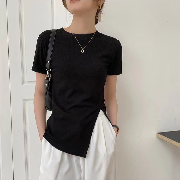 Short-sleeved T-shirt Women's Summer New Korean-style Slim-fit Hem Split Base Shirt Girl's Fashion Design Sense All-match Top