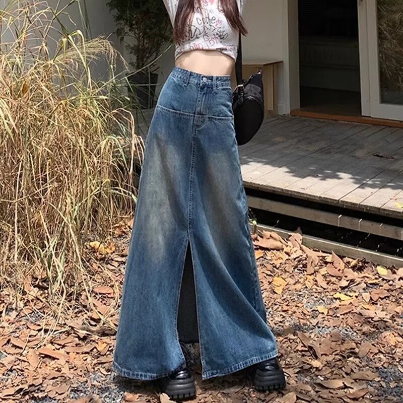 American Style Retro Blue Summer A- line Denim Skirt Women's New Long Hot Girl Split Straight Hip Skirt Trendy
