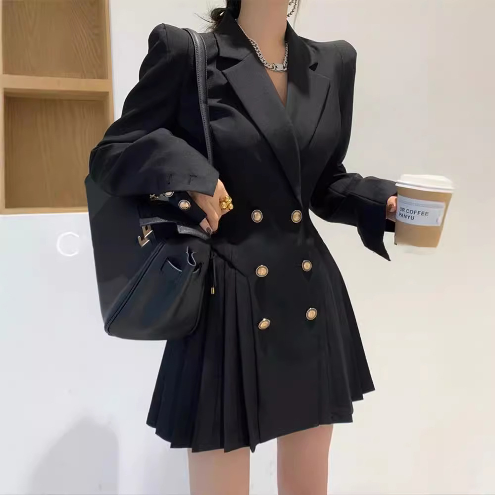 2025 Spring and Autumn Korean Style Double-Breasted Suit Western Style Age-Reducing Slimming Goddess Style Long-Sleeved Pleated Dress Trendy