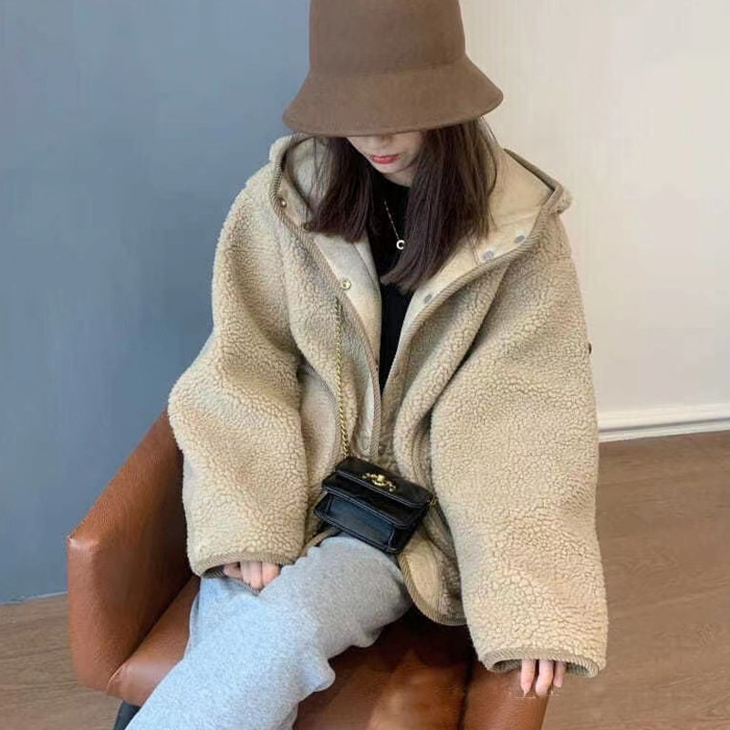 Picture of Imitation Lamb Wool Hooded Outwear for Women, Autumn and Winter Outwear with Button, New Korean Style, Loose, Slim and Versatile Top for Small People