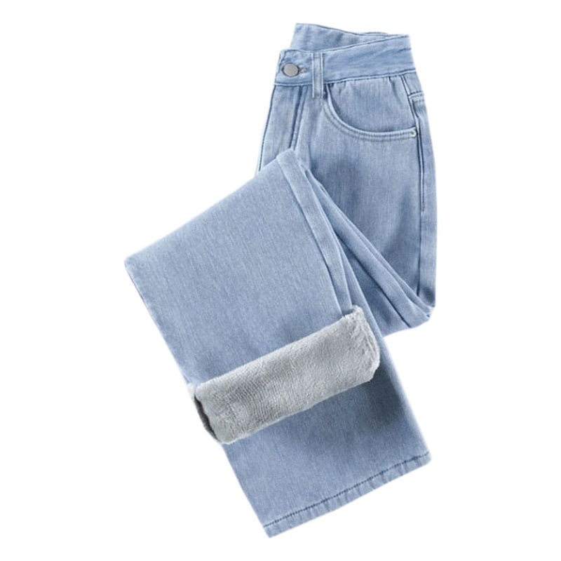 Thick straight jeans women's fleece-lined chubby girl meat-covering high waist mopping pants loose warm casual wide leg long pants