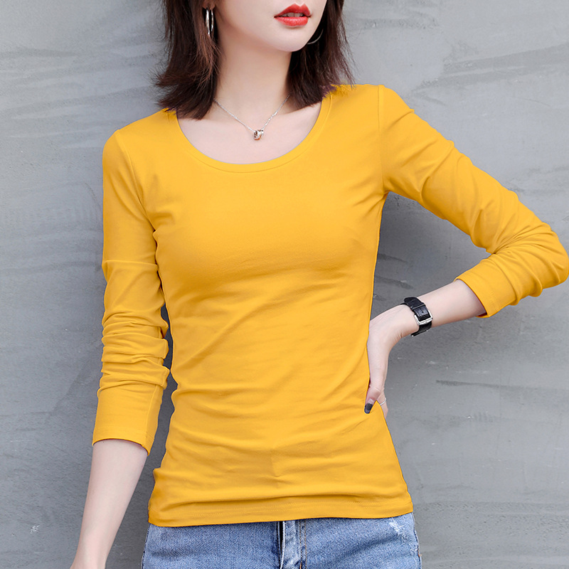 Picture of Spring and Autum Round Neck Pure Color Long-Sleeved T-Shirt Girls Elastic Large Size New Slim Fit Versatile Top Thin Bottoming Shirt