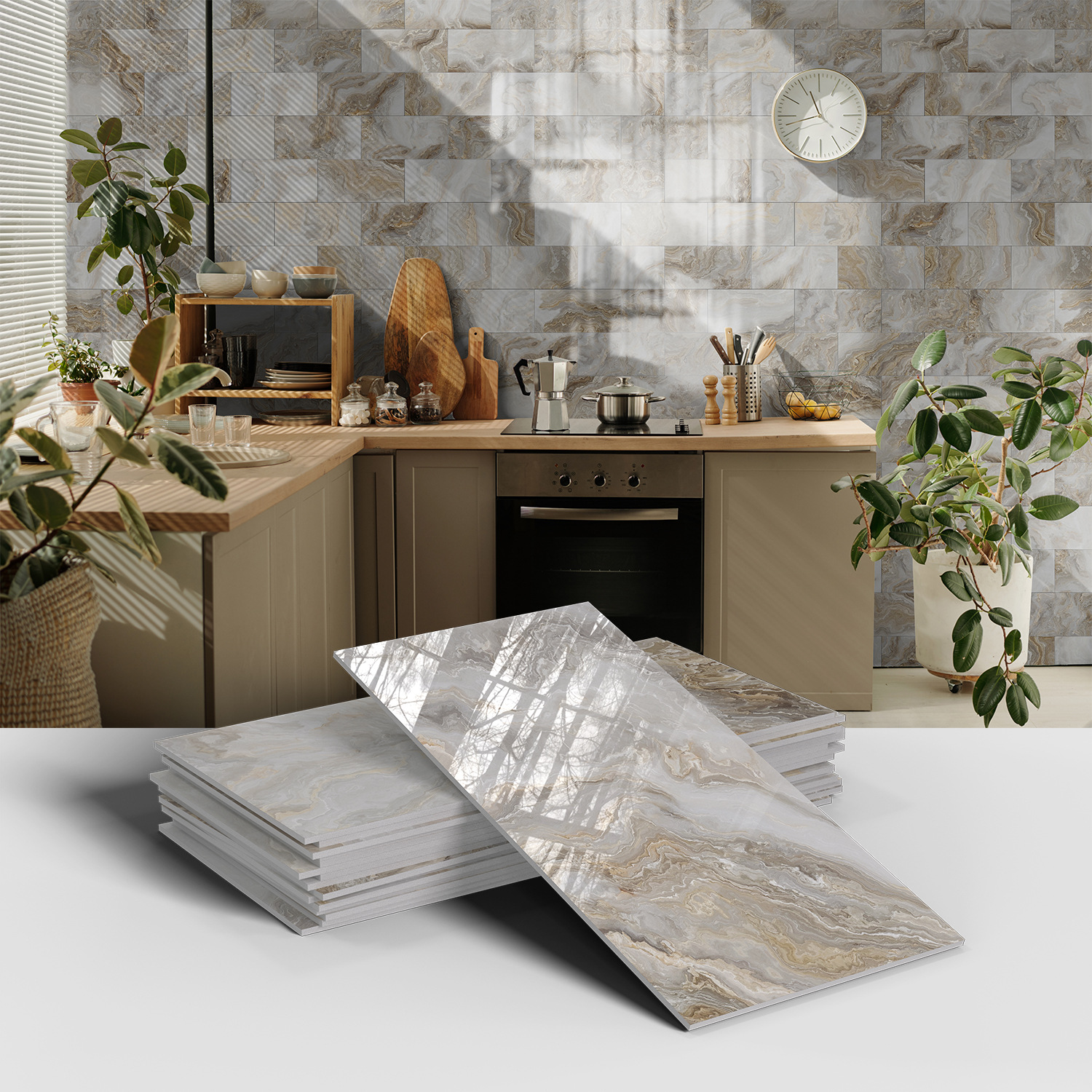 Picture of Crystal Marble Tile Wall Stickers Thickened PET Waterproof Self-adhesive Wallpaper for Kitchen Living Room Wall Decoration Cross Border
