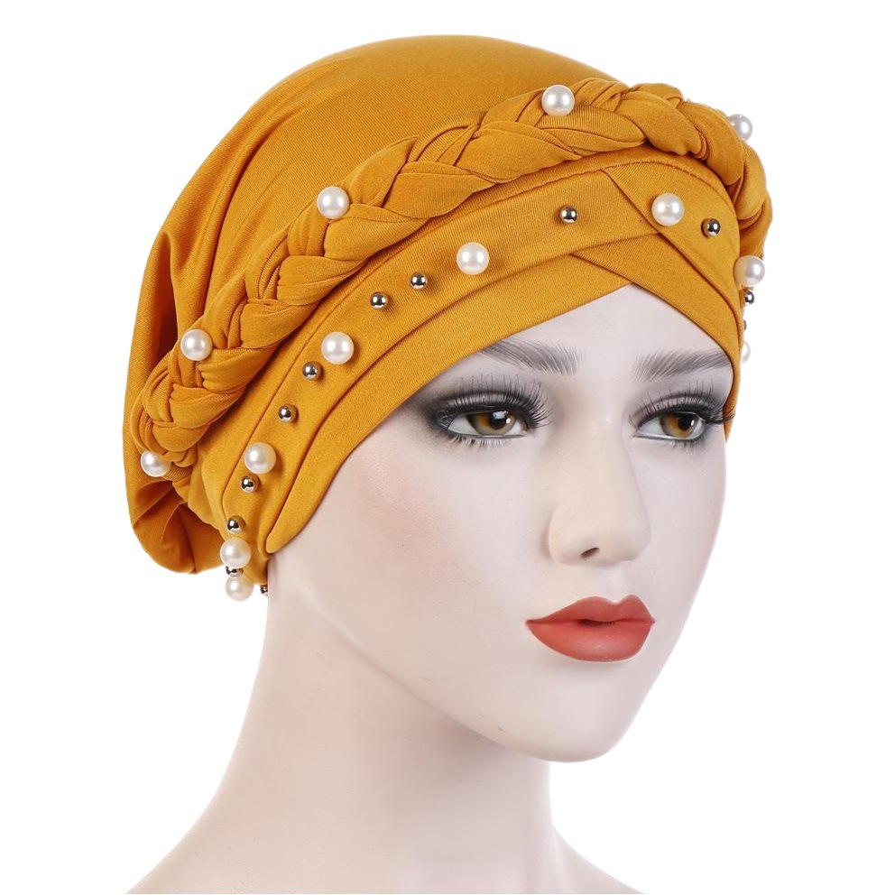 Amazon new turban hat milk silk monochrome single braid cap nail White Pearl Muslim pullover cap