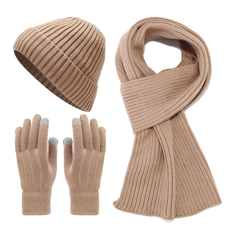 Picture of Autumn and Winter new fleece-lined warm men's hat scarf gloves cold-proof suit women's trendy thickened knitted three-piece set