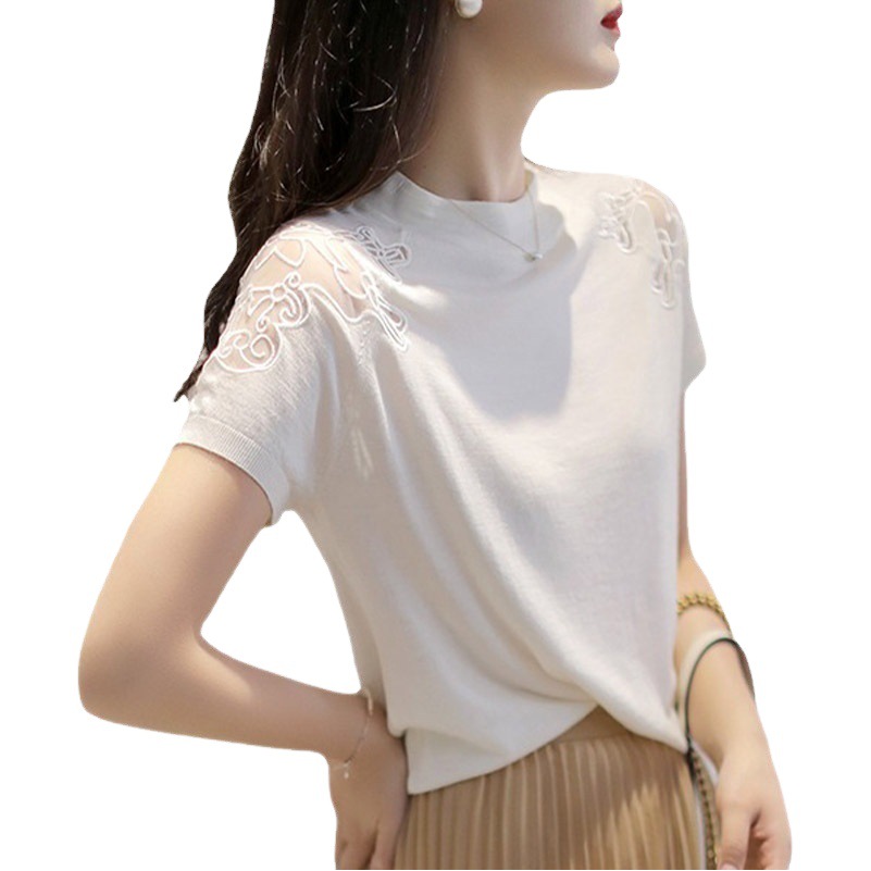 Women's 2024 New Summer Style Elegant Pullover Mesh Embroidered Ice Silk Short-Sleeved Sweater Top