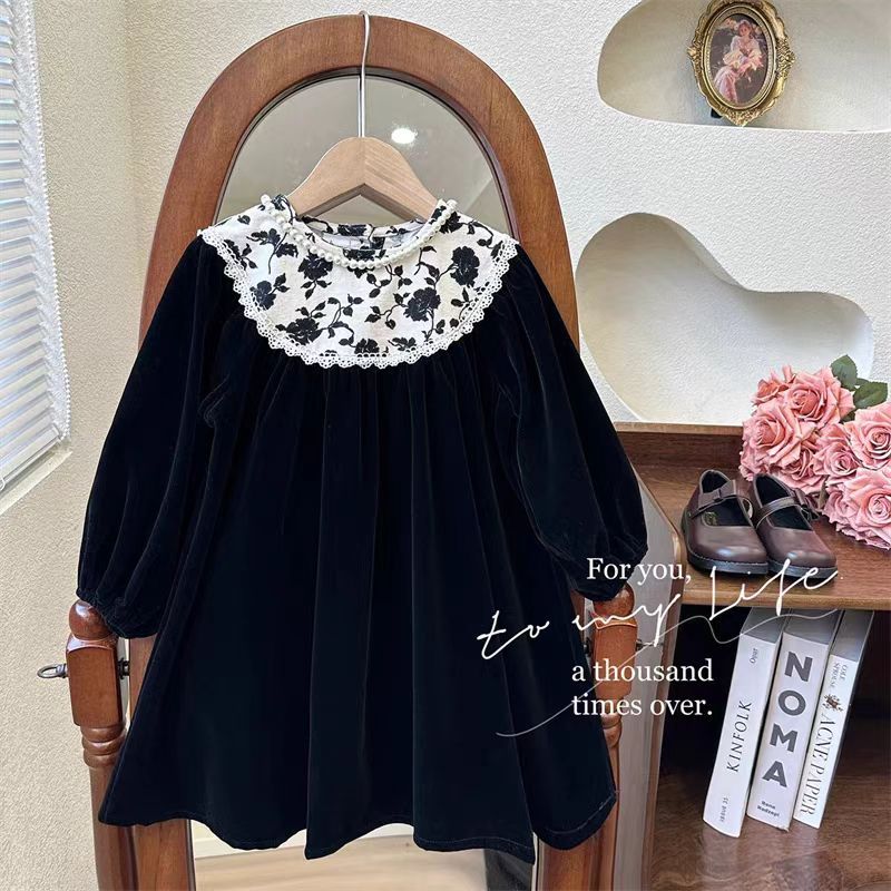 Picture of Girls' Hepburn Style dress Spring and Autumn Vintage Velvet Princess Dress Children's Korean Long Sleeve Floral Skirt