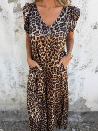 2025 Spring/Summer Cross-Border Loose Amazon Leopard Print Flutter Sleeve European and American New Wide-Leg Jumpsuit Printed Women's Clothing