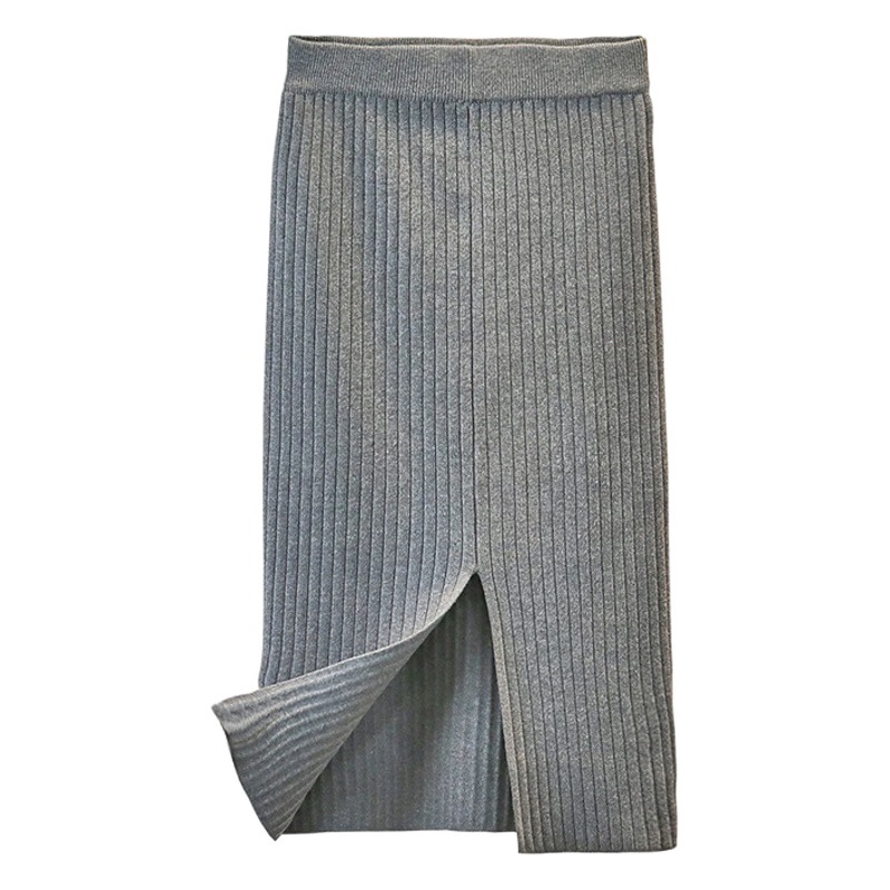 Spring and Autumn Tight Knitted Skirt Women's Mid-length Hip High Waist Split Thickened Slim-fit Wool Straight Long Skirt