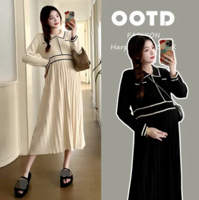 Real Shot Maternity 2024 New Autumn and Winter Knitted Mid-length Pleated Casual Outgoing Maternity Dress